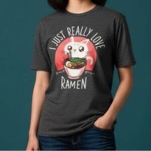 Gray T-Shirt with Cat and Ramen Graphic Unisex Size Medium